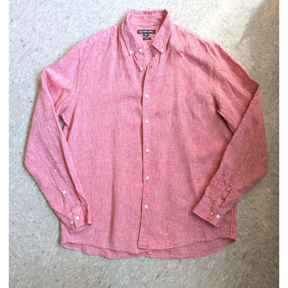Michael Kors Mens Red 100% Linen Slim Fit Button Down Shirt XL Resortwear